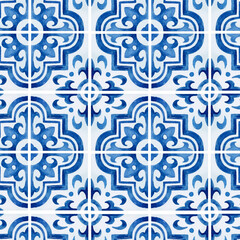 Watercolor blue tiles azulejo seamless pattern