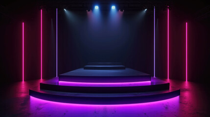 Neon stage background, empty futuristic podium with purple and red led lighting, interior of abstract modern dark room for show. Concept of studio, display, scene, concert, hall