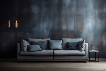 A grey sofa on a dark grey wall