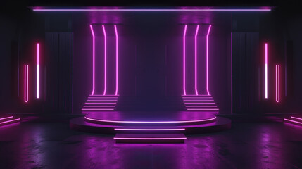 Neon stage background, empty futuristic podium with purple led lighting, interior of abstract modern dark room for show. Concept of studio, scene, future, concert, hall.