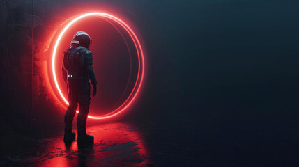 Astronaut stands at interstellar portal on planet in space, futuristic time traveler on dark background. Spaceman walks in alien world. Concept of extraterrestrial, sci-fi, future