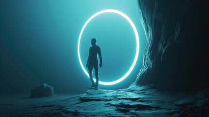 Person exits interstellar portal in space, futuristic time traveler on abstract background. Man...