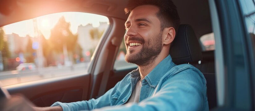 Pleased man sitting in new car, smiling happily, gazing outside.