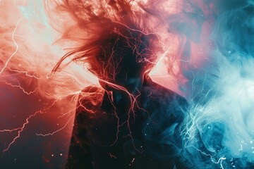 a man surrounded by energy, lightning and smoke background