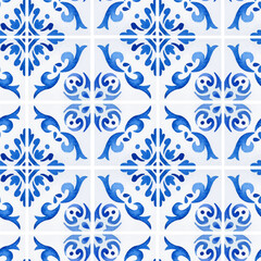 Watercolor seamless pattern with blue Mediterranean tiles for wallpaper