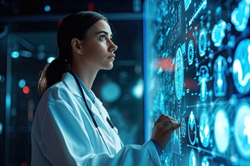 Healthcare and medical concept, doctor doing research diagnosis of patient, record and report with virtual interface.