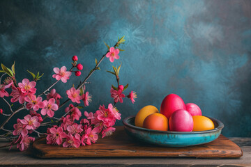 Fototapeta na wymiar Simple yet elegant arrangement of eggs and flowers in bowl placed on rustic wooden table. Perfect for springtime or Easter-themed projects