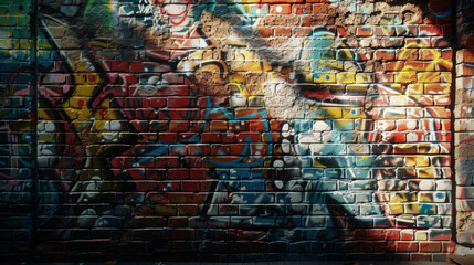 A detailed shot of a vibrant graffiti mural on an urban brick wall