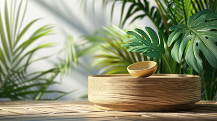 Wooden bowl sitting on top of wooden table. Suitable for home decor or food-related content
