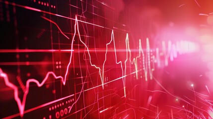 Fototapeta premium Medical healthcare ECG glowing red background in the middle of high tech futuristic cyberspace healthcare technology poster or banner
