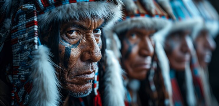 Headshot of a group Serious Native American men wearing their traditional outfits looking away