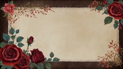 vintage card background with red roses, pastel colors floral notes on aged paper, design with space for text