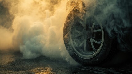 Car wheel with smoke and fog on asphalt road - obrazy, fototapety, plakaty