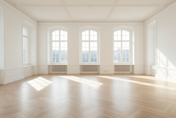 An empty vintage white room with a parquet