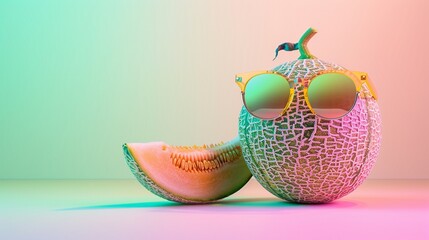 Abstract creative summer fruit scene made of cut melon with sunglasses on isolated pastel blue and pink background. Sun and shadow. The idea of happy emoticon. Ocean beach party or vacation concept. 