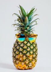 Creative pineapple looking up with sunglasses and shell isolated on white background, summer vacation beach idea design pattern, copy space close up