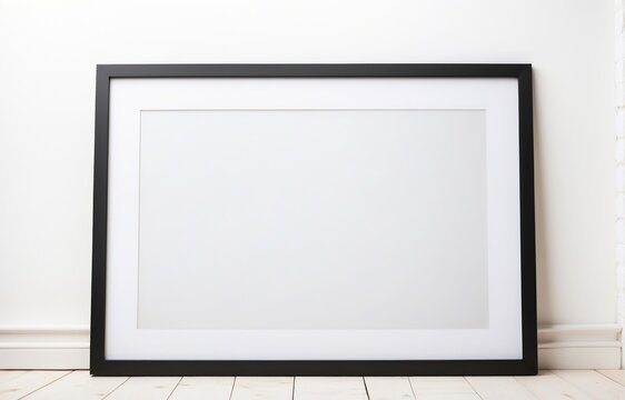 Blank black horizontal picture frame on the wall and the floor

