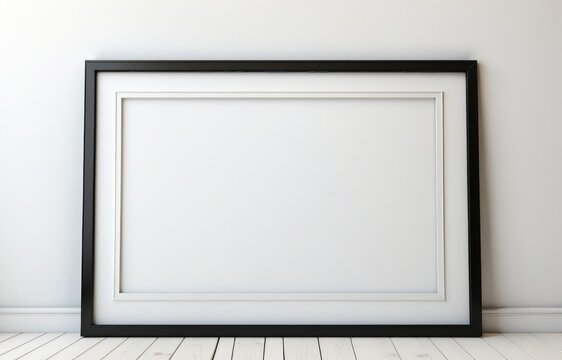 Blank black horizontal picture frame on the wall and the floor
