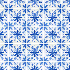 Watercolor blue floral azulejo tiles seamless pattern, Mediterranean wallpaper 