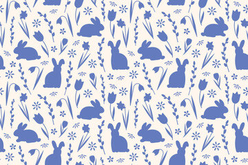 Materiał do szycia blue easter seamless pattern with rabbits, pussy willow twigs and spring flowers - vector illustration