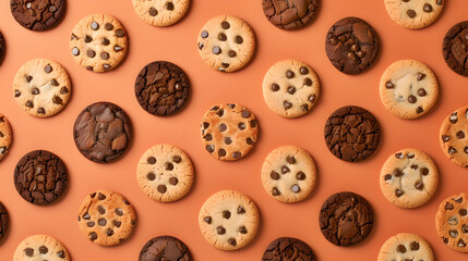 top down view of American cookies with chocolate pieces on orange background

