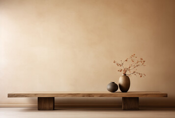 Japanese interior with a small table and two vases in front of an empty wall - 738321775