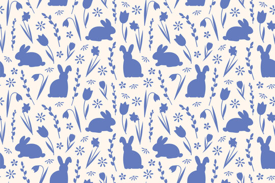 blue easter seamless pattern with rabbits, pussy willow twigs and spring flowers - vector illustration