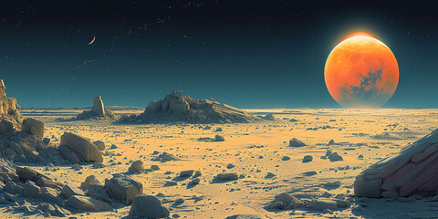 Surrealism illustrations of Morning over the deserted abandoned planet.