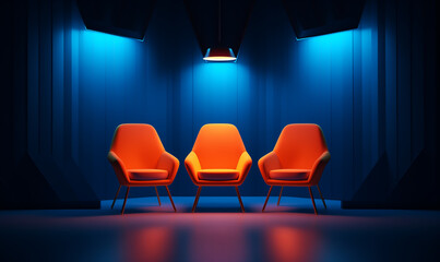 Three orange chairs in a dark blue room with a spotlight - 738321976