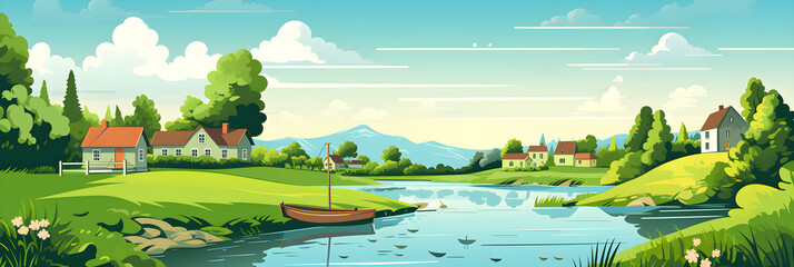 Serenity at its Finest: Flat Vector Illustration of a Peaceful Riverside Village Landscape