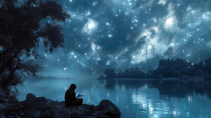 An artistic representation of a person in silhouette reading the Quran in a tranquil outdoor setting under a moonlit sky.