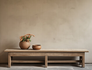 Wooden rustic bench with vases on an empty wall - 738322362