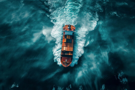 A Large Container Cargo Ship During A Storm At Sea, Surrounded By Large Waves