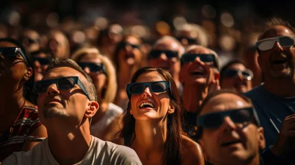 Cercles muraux Univers crowd of different people gathers in special sunglasses,looks at the solar eclipse and laughs,unique natural phenomenon
