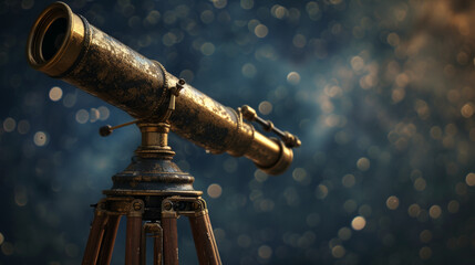 Obraz na płótnie Canvas A weathered, antique brass telescope mounted on a wooden tripod, positioned against a backdrop of a starry night sky