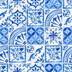 Watercolor blue floral azulejo tiles seamless pattern for wallpaper
