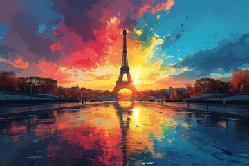 Fototapeta na wymiar Vibrant sunset over Eiffel Tower in an artistic Parisian scene