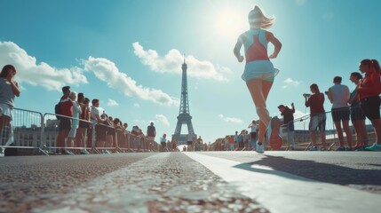 Female athlete running marathon in Paris with Eiffel Tower in background