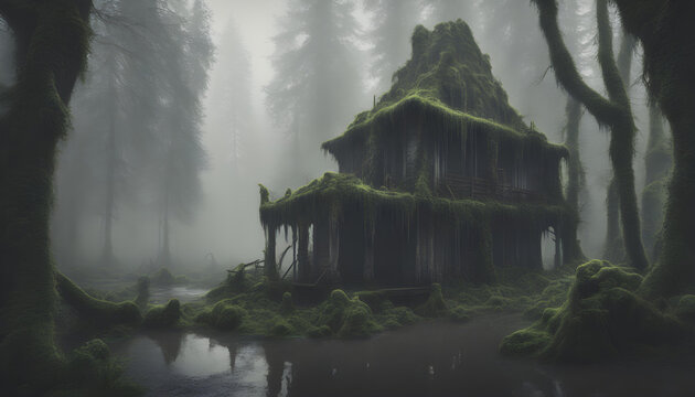 Captivating Pacific Northwest Swamp: Lovecraftian Architecture Ruins, Ghostly Faces in the Mist, and Photorealistic Outdoor Photography in a Downpour