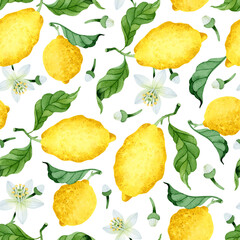 Watercolor ripen lemons with leaves seamless pattern