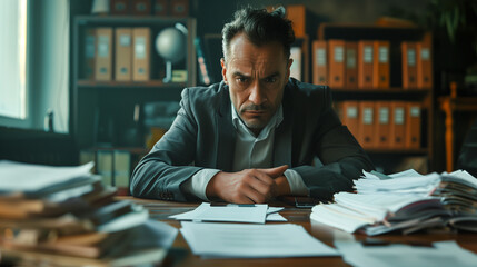 A handsome businessman looking frustrated on the piles of papers and documents at his desk - Powered by Adobe