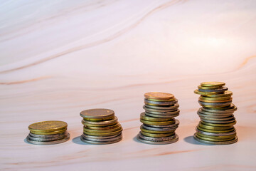Stacks of coins piles Profit savings interest earning increased costs of living. Illustration of...