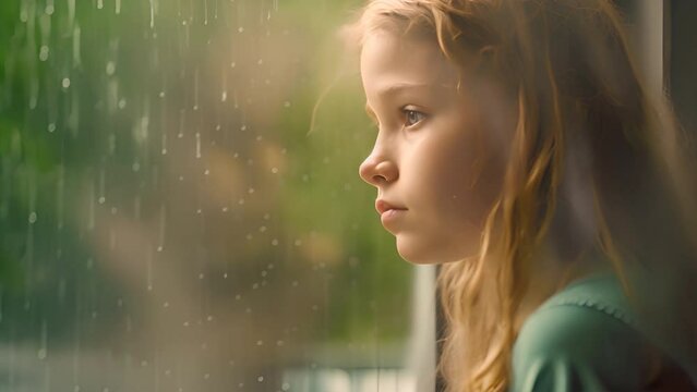 Sad child silhouette, rain, deep thoughts, loneliness, longing, fear. Palpable sadness,generative ai