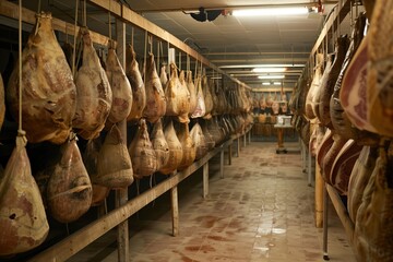 Artisanal Jamon curing room with rows of hanging hams, natural aging process, detailed texture visible