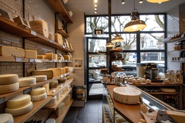 Obraz na płótnie Canvas Artisan cheese shop interior with wheels of cheese on wooden shelves, soft natural lighting