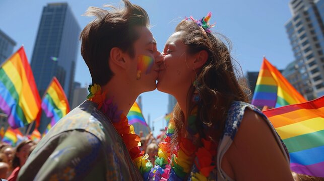 Gay couple. Battle for LGBTQ+ rights, activists gather in the city streets to celebrate a landmark victory, with couples kissing passionately under rainbow flags to mark the historic moment of progres