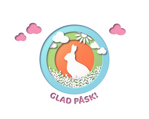 Österlicher Papierschnitt mit Osterhasen, Wolken, Blumen und Sonne. Ostergruß in Schwedisch