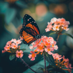 Monarch Butterfly Perched on Pink Flowers