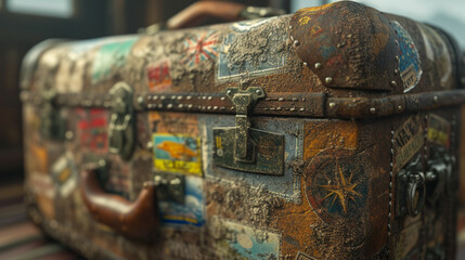 A detailed shot of a worn leather suitcase covered in travel stickers, hinting at past adventures