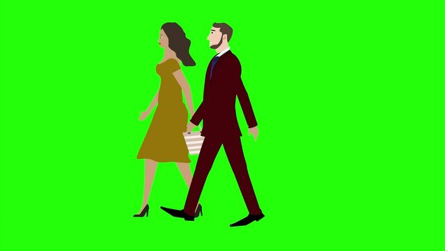 Animation with Man and women character walking side view, seamless loop on green screen, chroma key